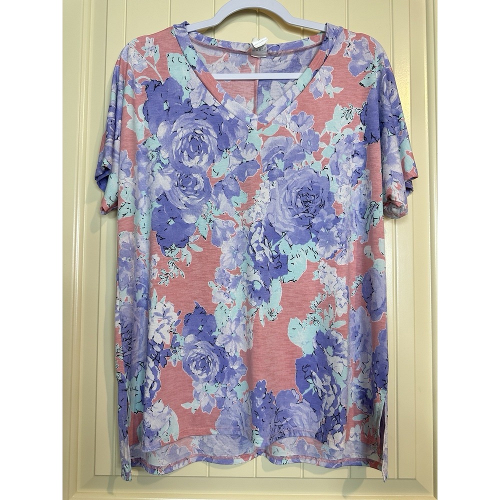Sew In Love Short Sleeve knit floral top blouse relaxed fit sz M office casual